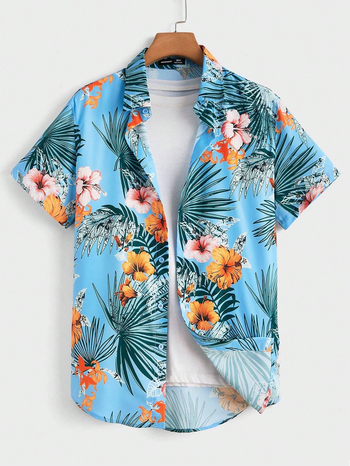 Hawaiian Print Men's and Women's Short Sleeve Shirts Oceanside Lapel Button-Down Shirt Tops