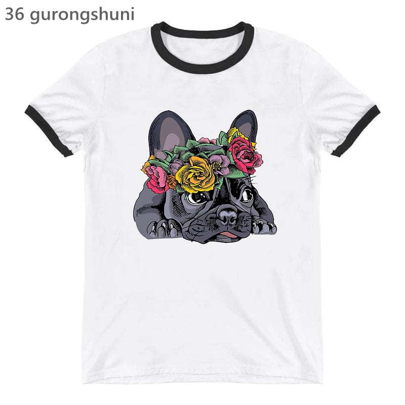 Funny Pugs Flowers Graphic Print T-Shirt Women'S Clothing Harajuku Kawaii  Dog Lover Tshirt Femme Summer Fashion T Shirt Female
