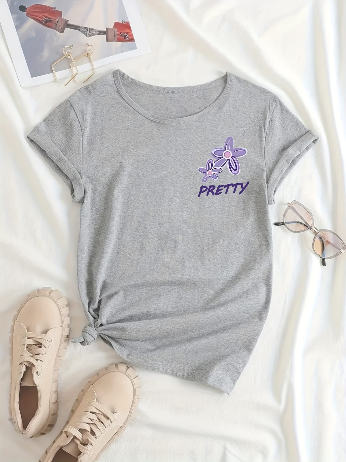 Floral & Letter Print Casual T-Shirt, Round Neck Short Sleeves Soft Sporty Tee, Women's Clothing
