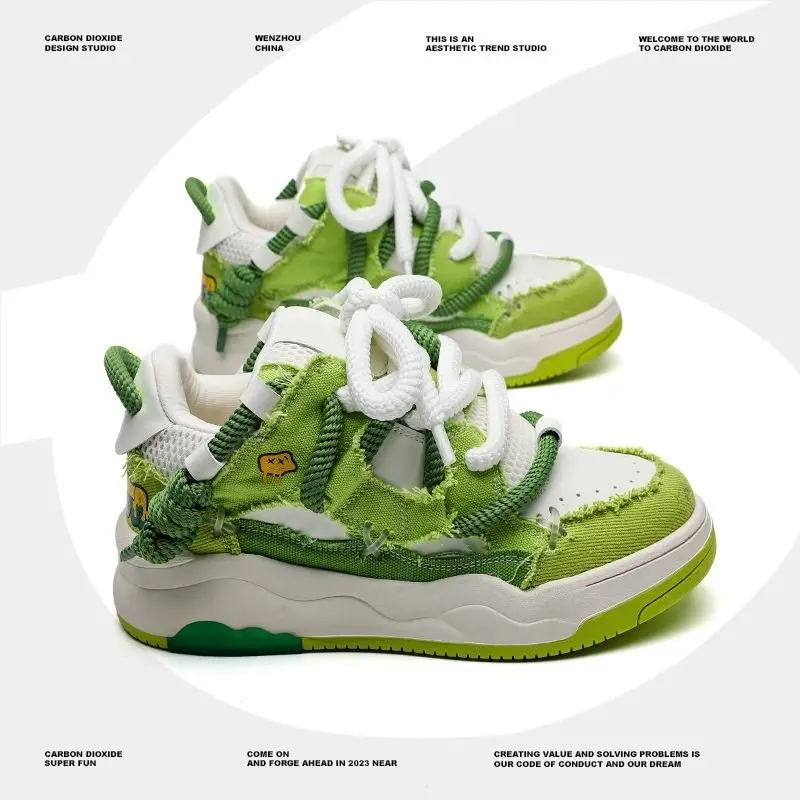 Green Trendy Men's Shoes Fashion Versatile Breathable Anti Slip Sports Shoes Korean Thick Sole Street Casual Flat Shoes