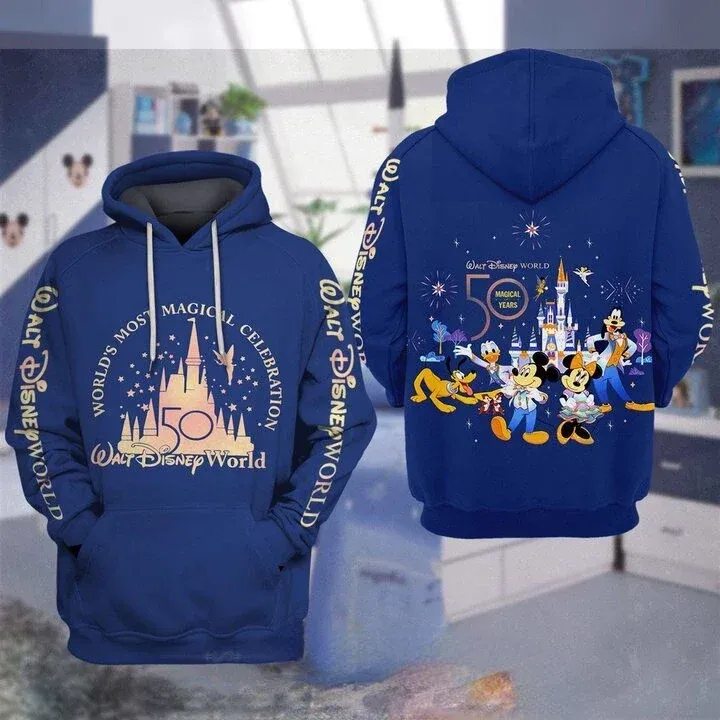 2024 Disney 50th Anniversary Dates Cartoons 3D Hoodie Men's Women's Casual Retro Sweatshirts Fashion Streetwear