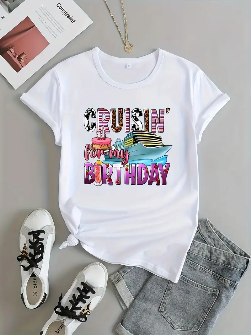 Birthday Letter Printed Short Sleeved Casual Women's Fashion Women's Pattern T-shirt Women's Printed Summer T-shirt