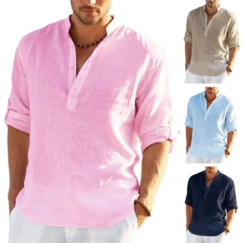 New Men's Linen Long Sleeve Shirt Solid Color Casual Cotton Linen Shirt Tops Size S-5XL