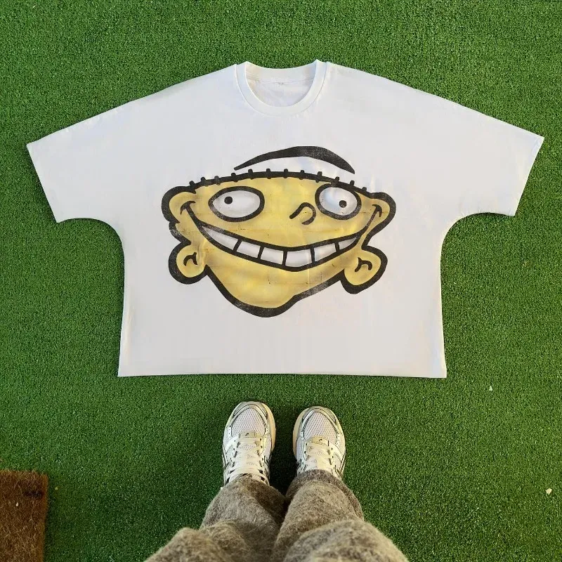 American Retro Fashion Gothic Cartoon Letter Pattern Oversized T-Shirt Women's 2024 Casual Loose Versatile Short Sleeve Top