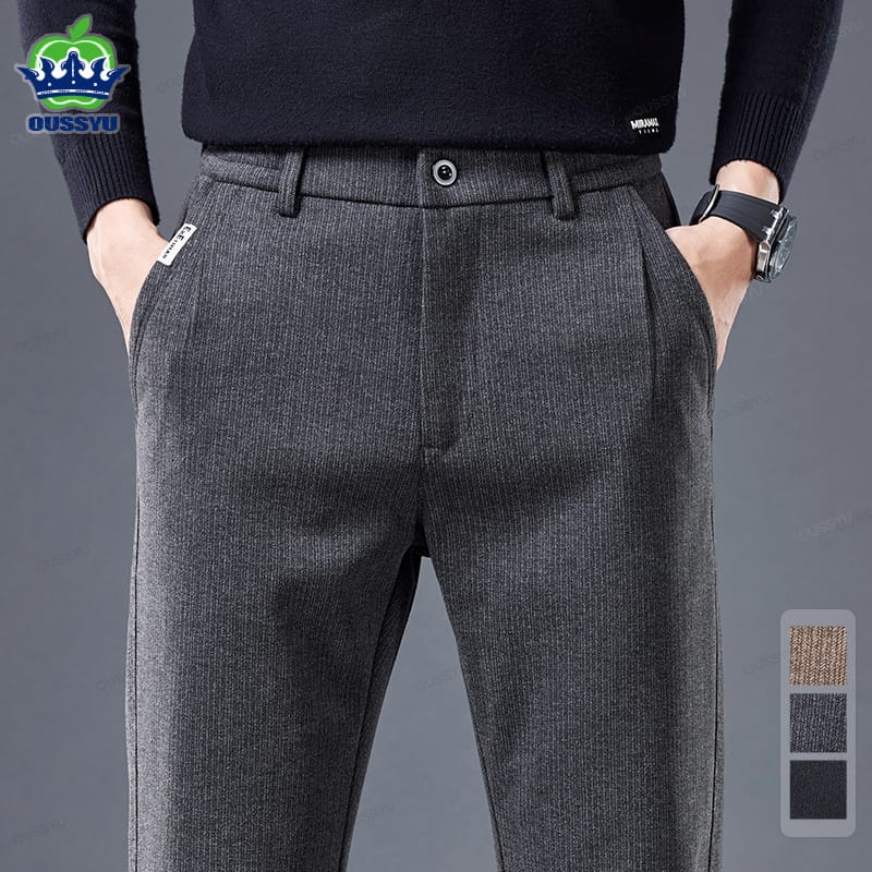 High Quality Autumn Winter Stripe Men's Suit Pants Elastic Waist Business Grey Stretch Thick Korea Office Formal Trousers Male