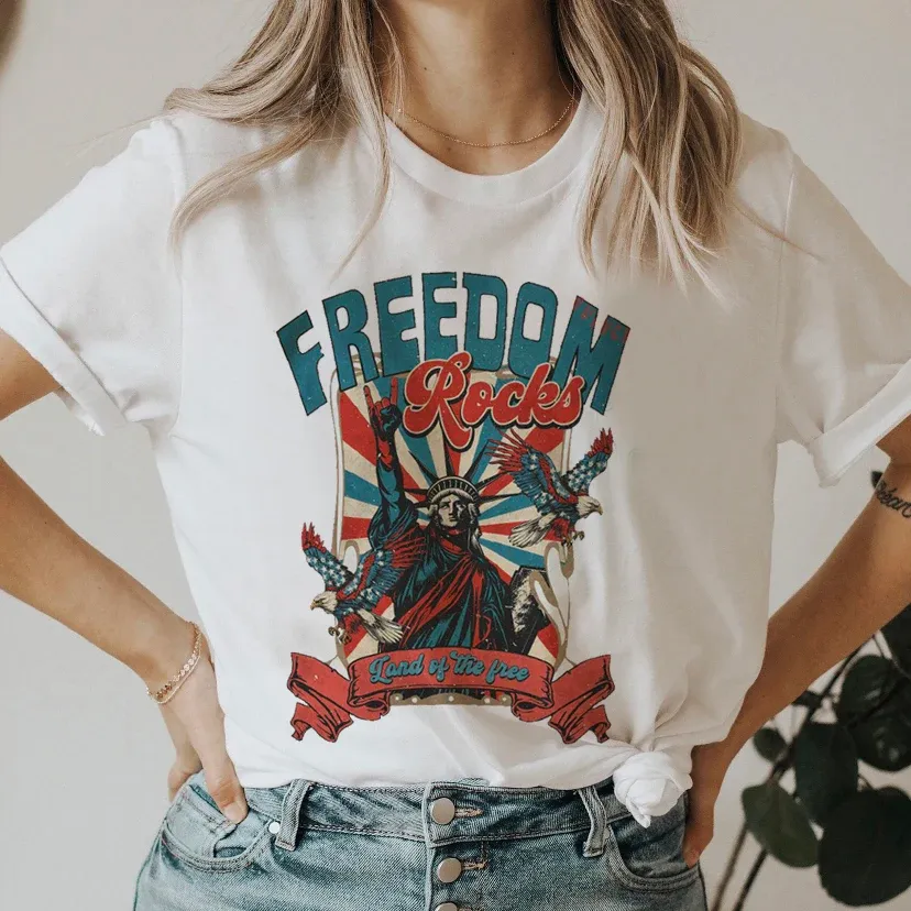 America 4th Of July Printed Pattern Retro Trendy T-Shirt Short Sleeved Clothing Printed Women's Casual Style Top New T-Shirt.