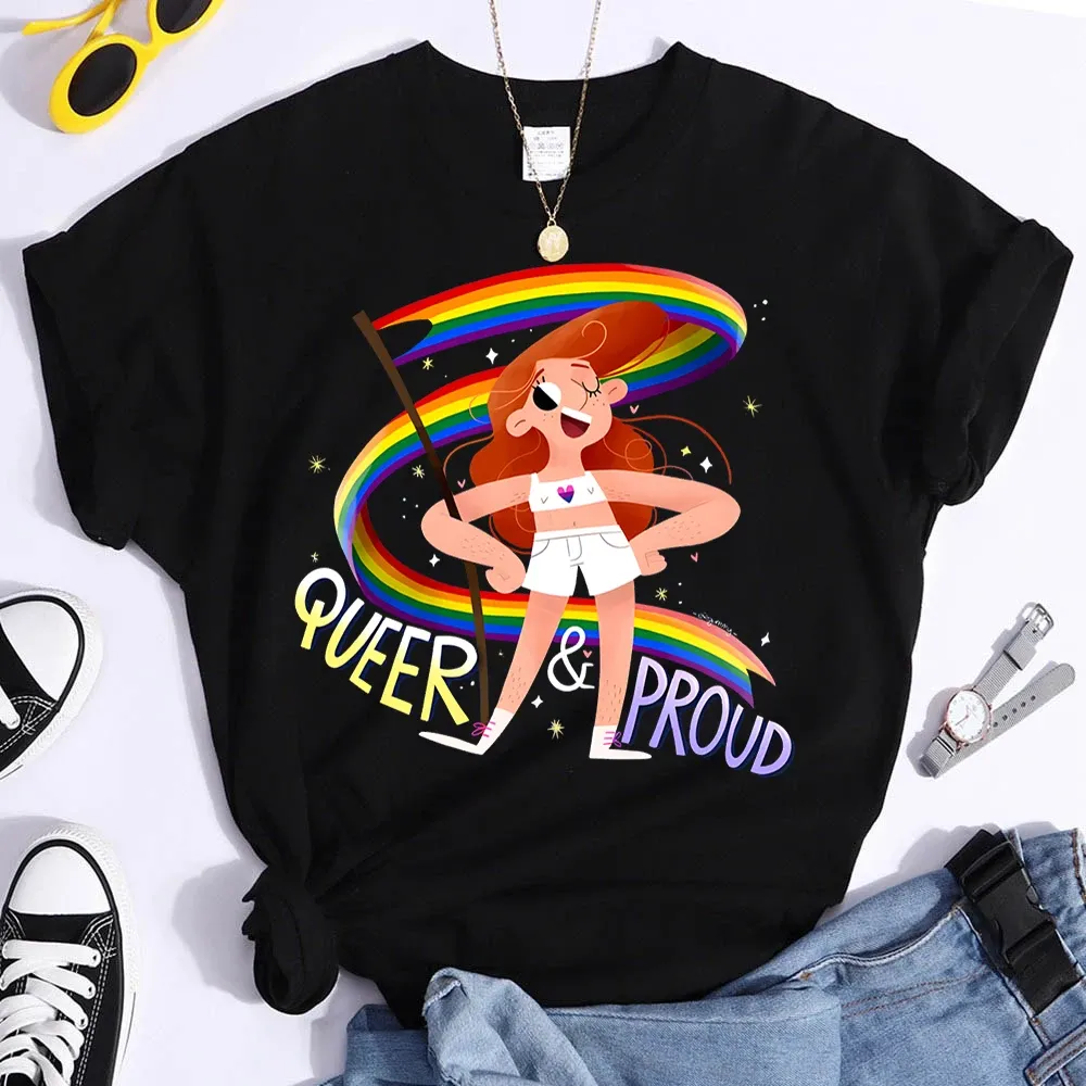 Queer and Proud Print T Shirt LGBT Harajuku Y2K Tops Tee Pride Month Women's Clothing Cute Rainbow Flag T Shirts Camiseta Mujer