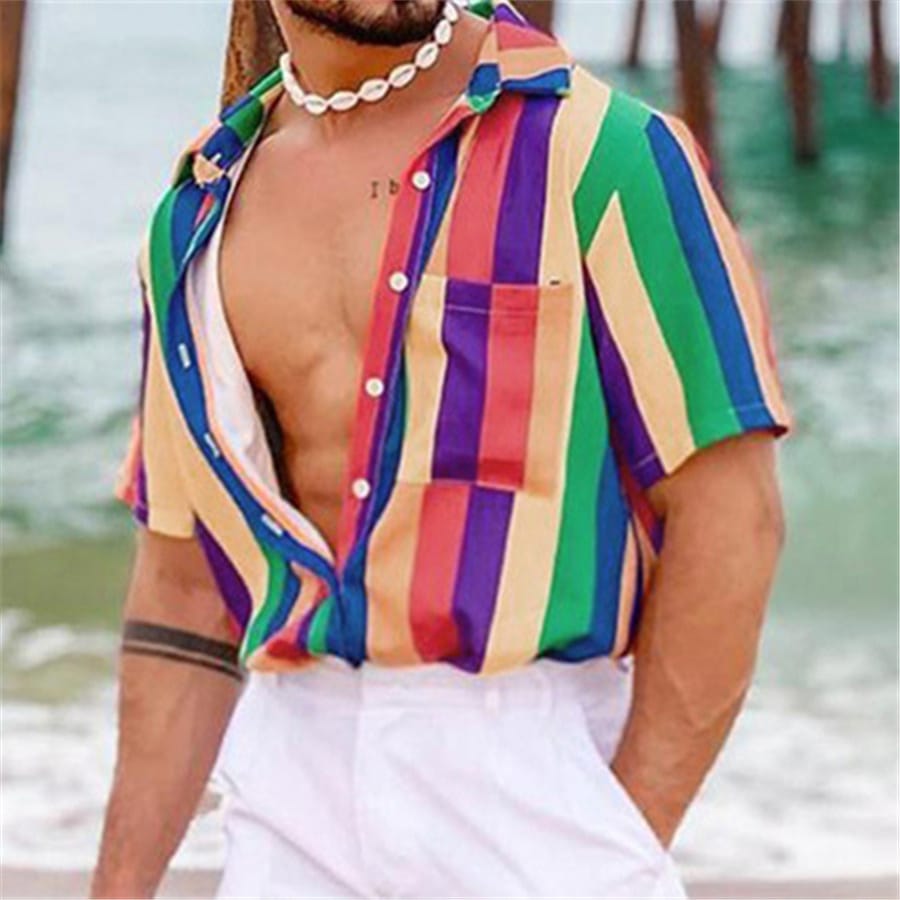 2024 New Summer Men Striped Shirts Short Sleeve Loose Beach Shirts Male Casual Tops Men's Vacation Clothing Hawaiian Beachwear