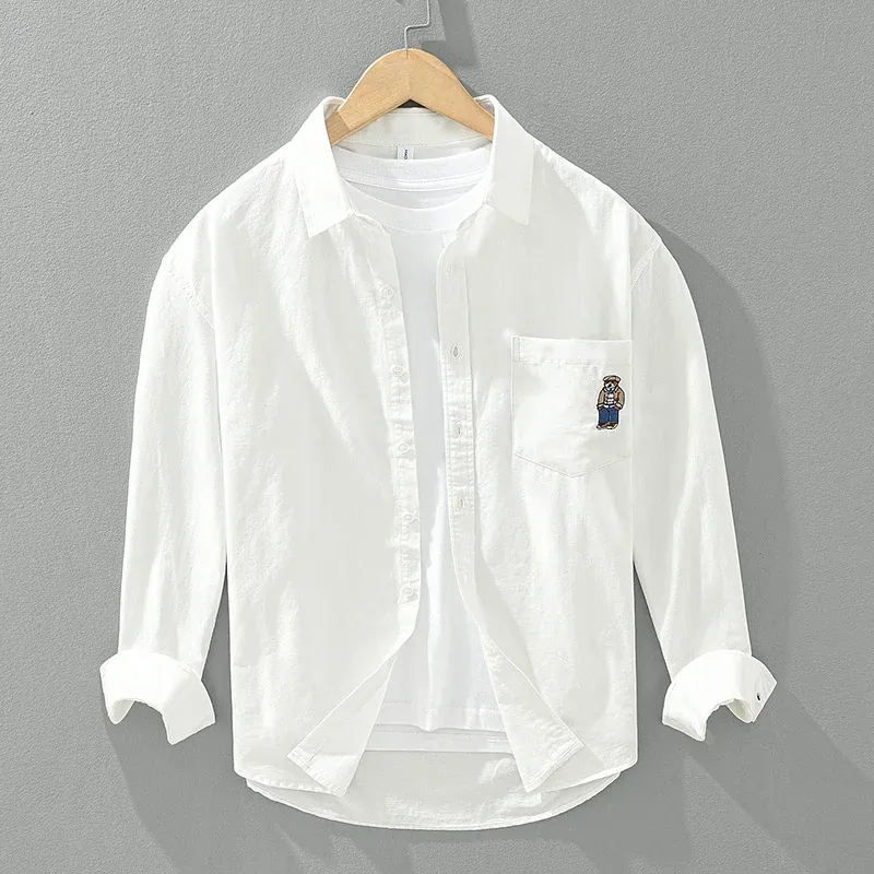 2024 New Bear Embroidery Long Sleeve Shirt for Men Cotton Turn-down Collar Loose Shirts Fashion Men's Clothing