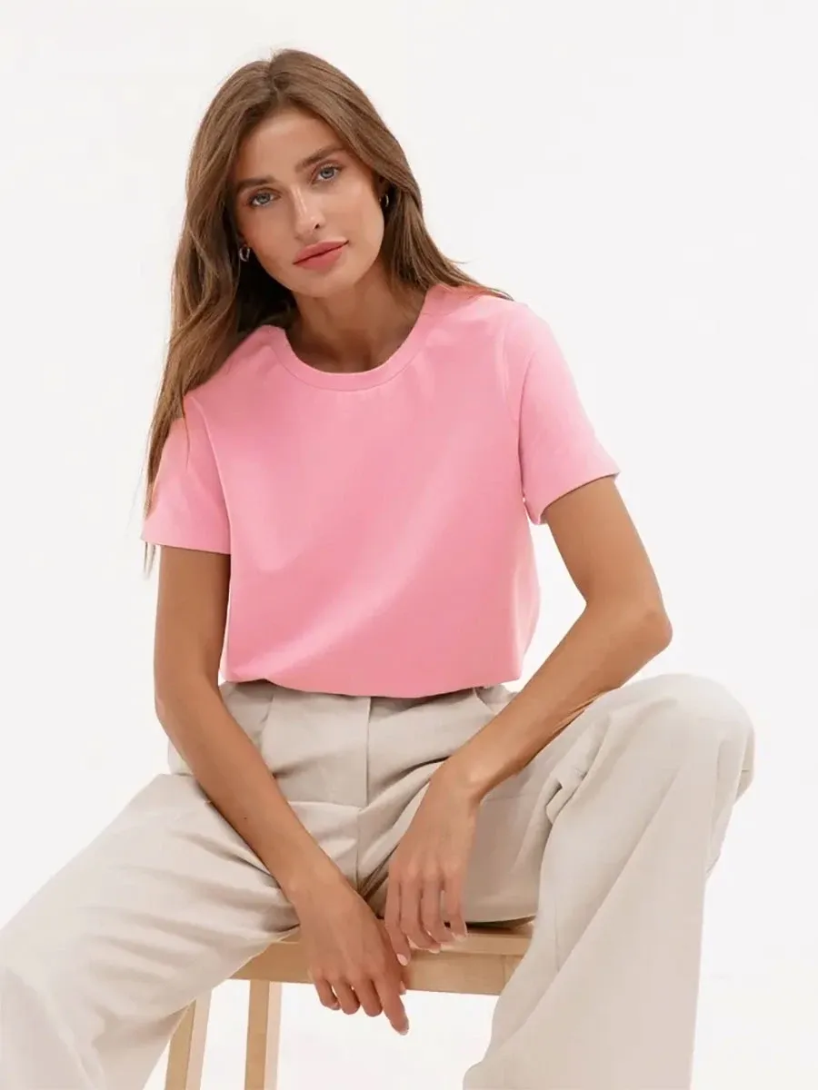Wolfeel Summer 100% Cotton Women's T-shirt Bottoming Basic Fashionable Solid Lady Short Sleeve Loose Tops Shirts 230g/㎡ Tops
