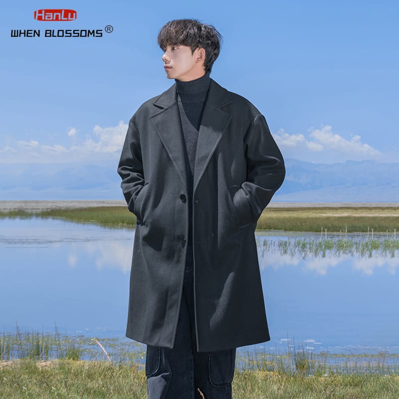 HANLU Warm Soft Vintage Double-sided Wool Coat Men's Medium Length Knee 2024 Autumn Winter Thickened Suit Wind Coat Jacket