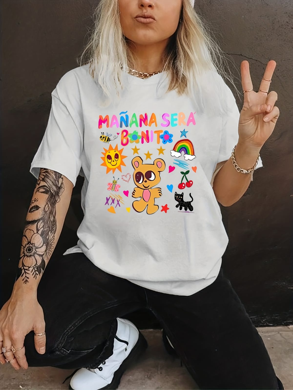 Cartoon Print Crew Neck T-shirt, Casual Short Sleeve T-shirt For Spring & Summer, Women's Clothing