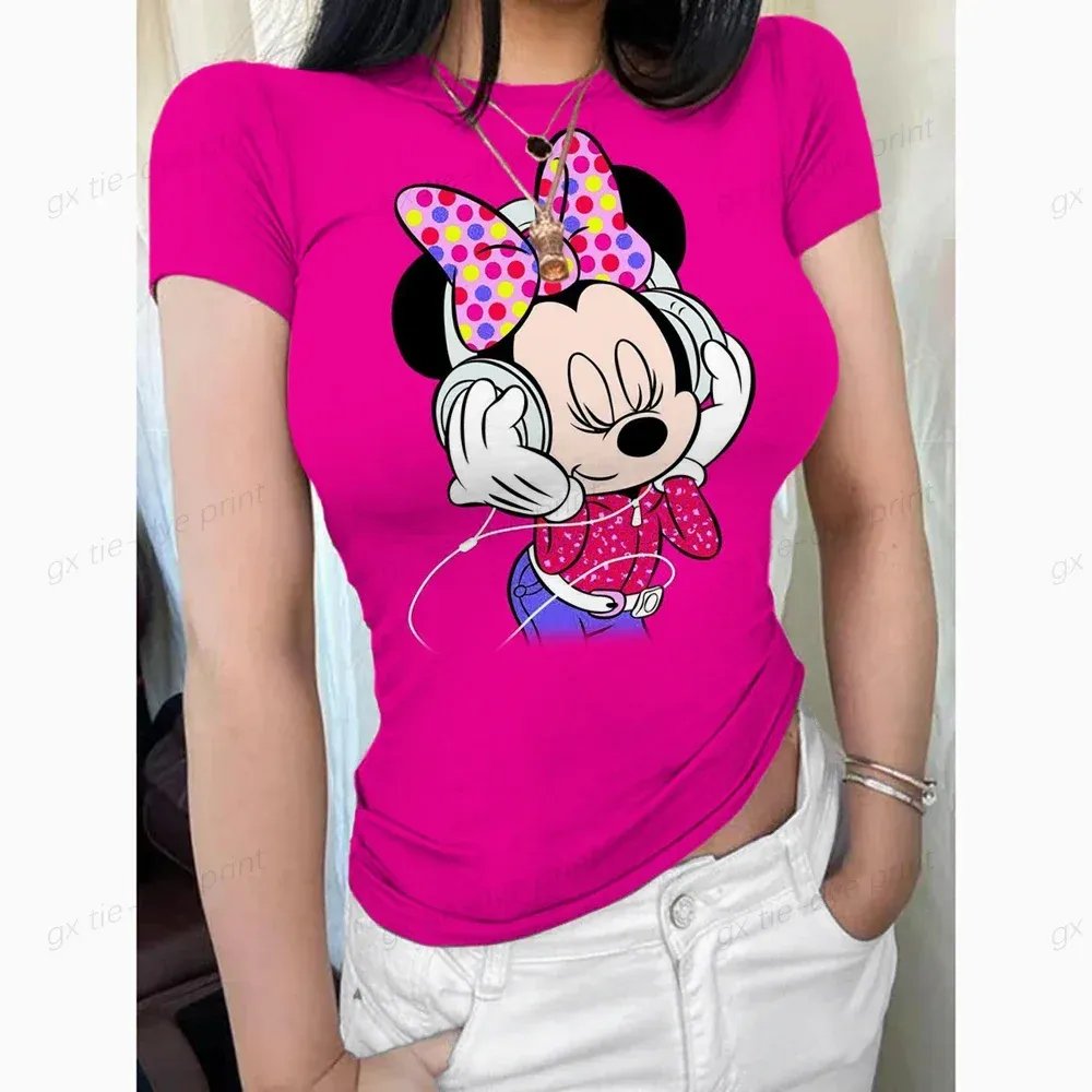 Basic Short Sleeve Women's T-shirt Disney Mickey Mouse Print Flower Top T-shirt Women's Fashion Korean T-shirt O-Neck Tight Top