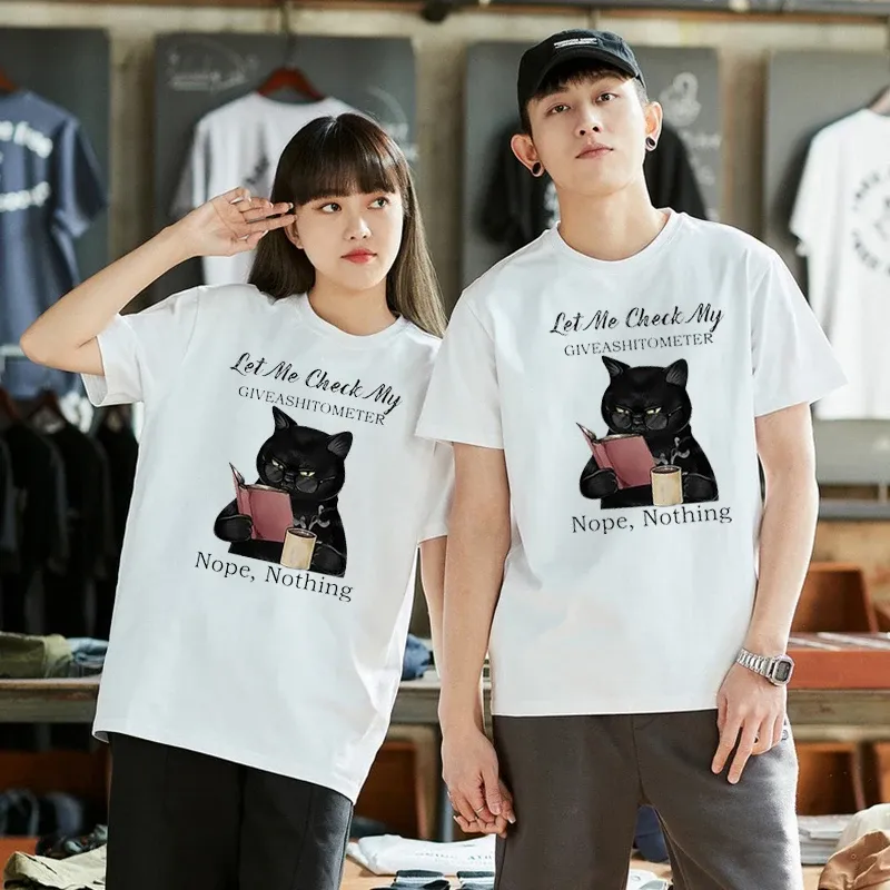 Casual Unisex Tops Tee Funny Black Cat Let Me Check My Giveashitometer Nope Nothing Summer Women's Novelty T-Shirt