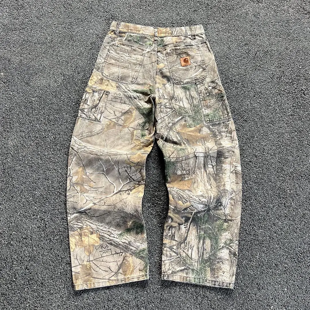 American Y2K Harajuku Maple Leaf Print Washed Jeans Men's Straight Leg Loose Trousers Street Trend Hip-Hop Women's Jeans