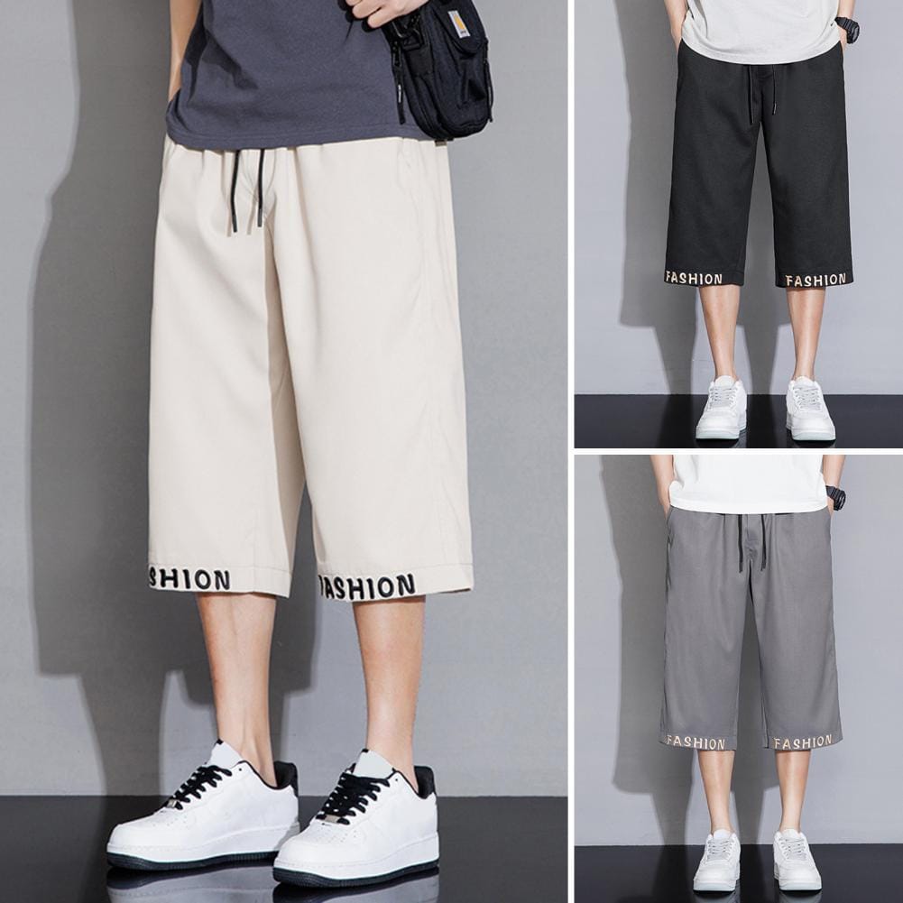 Men Cropped Pants Stylish Men's Cropped Pants with Elastic Waistband Drawstring for Comfortable Wear Featuring Letter Embroidery