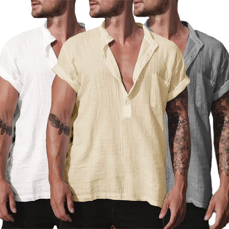 2023 New Men's Standing Collar Cotton Linen Short Sleeved Shirt Men's Designer Clothes Popular Tops for Men