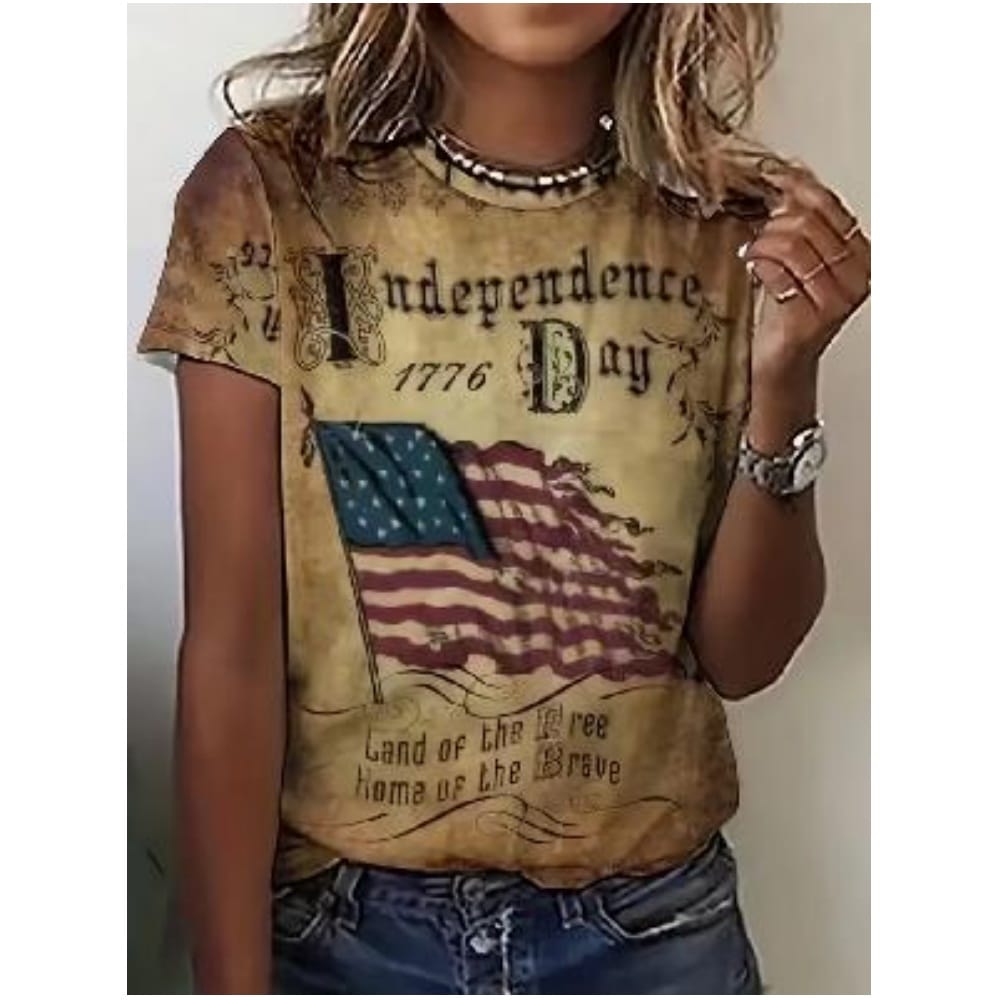 Women's T-Shirt American Retro Print Harajuku Simple Round Neck Short Sleeved Top Fashionable Trend Plus Size Women's Clothing