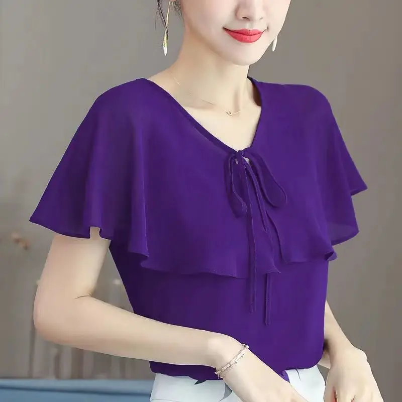 Elegant V-Neck Ruffles Lace Up Bow Oversized Chiffon Blouse 2024 New Casual Pullovers Loose Commute Women's Clothing D180