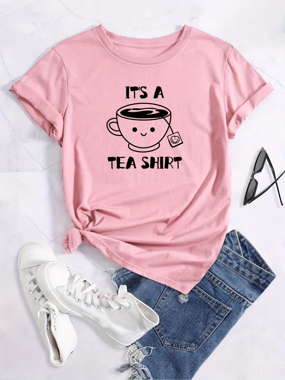 Plus Size Casual Tee, Women's Plus Cartoon Tea & Letter Print Short Sleeve Round Neck Slight Stretch T-Shirt