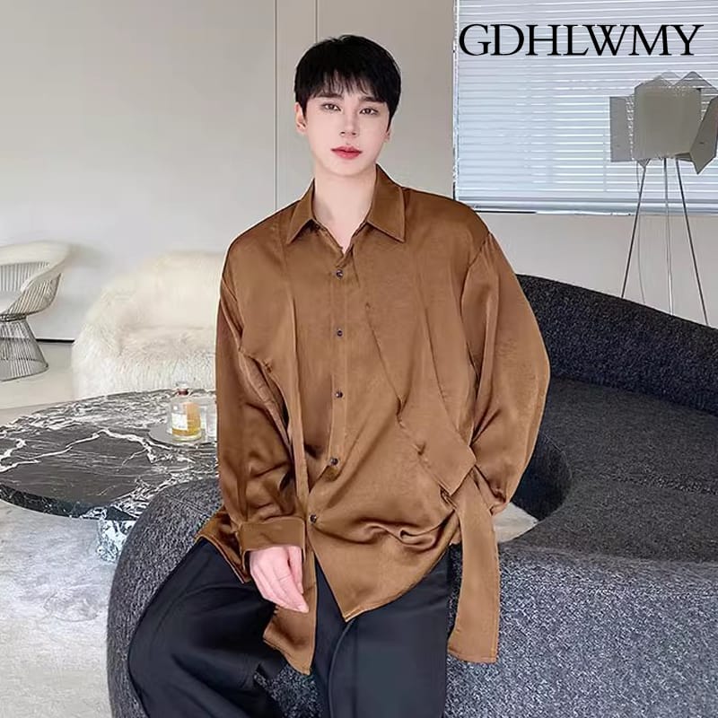 GDHLWMY Autumn irregular ribbon design loose long sleeved men's and women's shirt retro satin pleated shirt