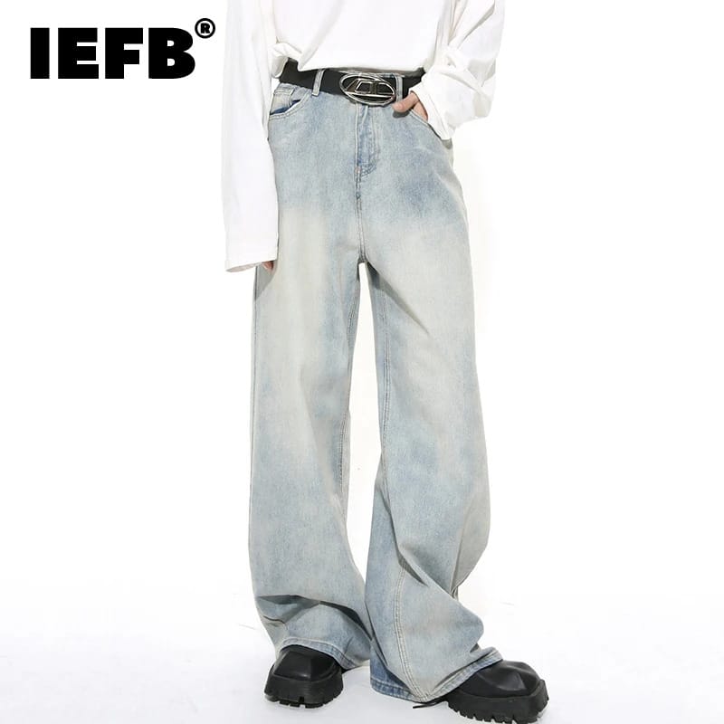 IEFB Washed Male Jeans Korean Fashion Worn Out Gradient Color Men's Denim Straight Pants Men Wide Leg Trousers Spring New 9C4502