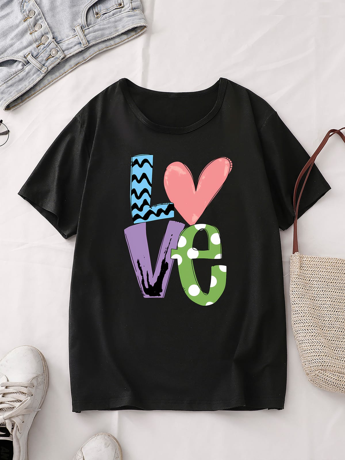 Love Letter Print Casual T-Shirt, Round Neck Short Sleeves Versatile Tee, Women's Sports Tops