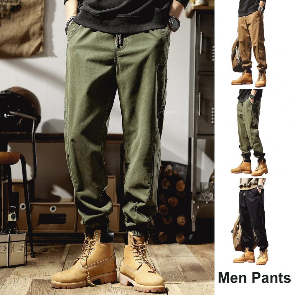 Casual Men Trousers Men's Fall Spring Cargo Pants with Ankle-banded Design Elastic Waist Multiple Pockets for Outdoor Work