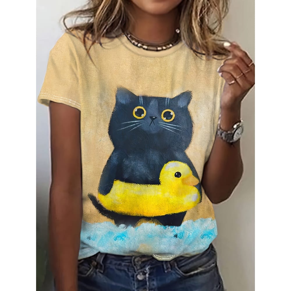 Women's T-Shirt Cute Animal Print Harajuku Comfortable Round Neck Short Sleeved Top Fashion Trend Plus Size Women's Clothing