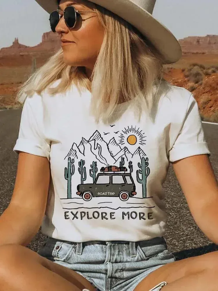 Short Sleeved Fashion Round Neck T-Shirt For Women's Road Trip Explorer Printed Pattern T-Shirt Printed Top Basic Casual T-Shirt