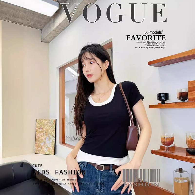 2024 New Summer Korean Small U-Neck Fashion Women's Slim Fit Short Soft Cotton Contrast Versatile T-Shirt Fake Two Piece Top