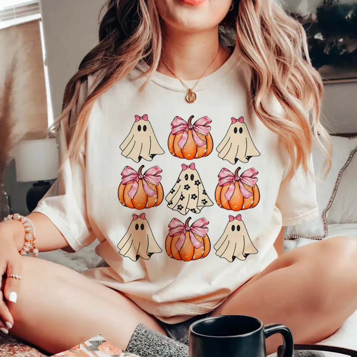 Coquette Halloween Pumpkin Bow Fashion Style O-Neck Trendy Top T-Shirt Fun 90s Short Sleeved Women's Printed Casual T-Shirt