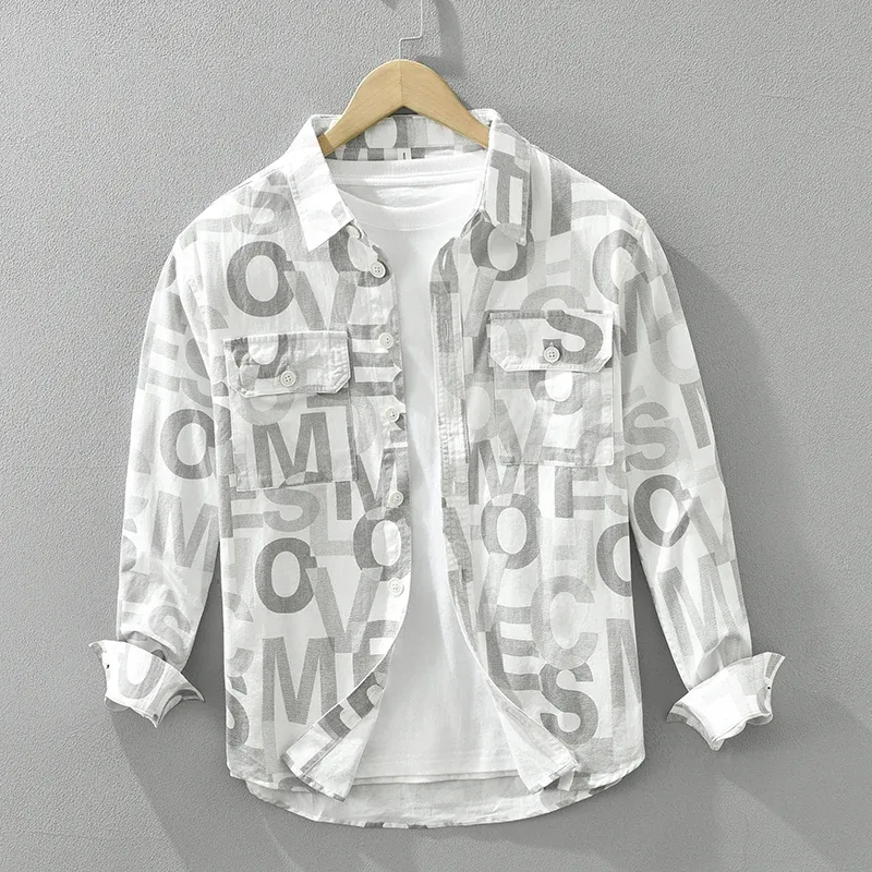 2024 New Casual Letter Print Shirts for Men Fashion Turn-down Collar Long Sleeve Shirt Men's Clothing