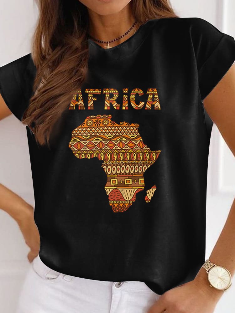 Summer Fashion New African Fun Women's Casual Short Sleeve T-Shirt Round Neck Loose Summer White Black T-Shirt