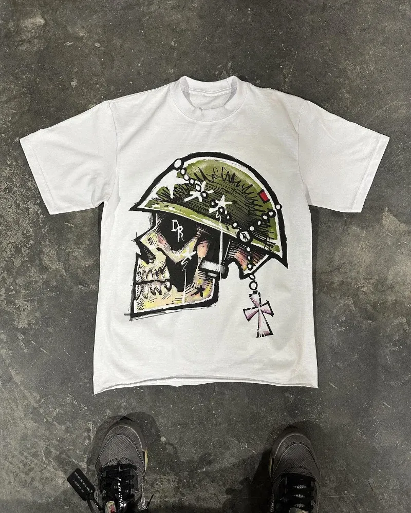 y2k High Street Casual Skull Bone Letter Print Pattern Oversized T-Shirt Women's Punk Retro Loose Round Neck Short Sleeve Top