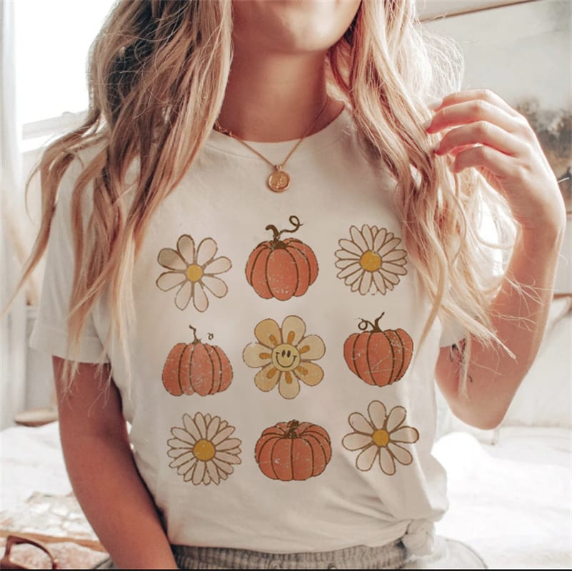 Simple Harajuku New Autumn Halloween Fashion All-match Short-sleeved Cute Fun Pumpkin Print Casual T-shirt Summer Women's Print.