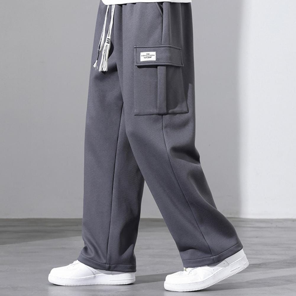 Solid Color Sweatpants Men's Drawstring Elastic Waist Sport Trousers with Multi Pockets for Daily Wear Loose Fit for Fall