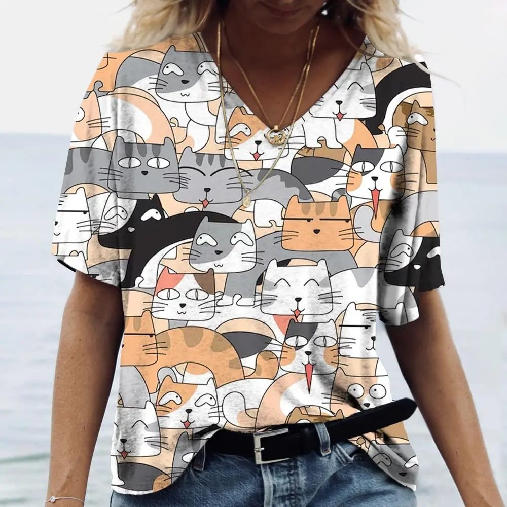 Women's T-shirt Cat With Rich Expressions Print Niche Design Harajuku Casual Short Sleeved Top Plus Size Women's Clothing