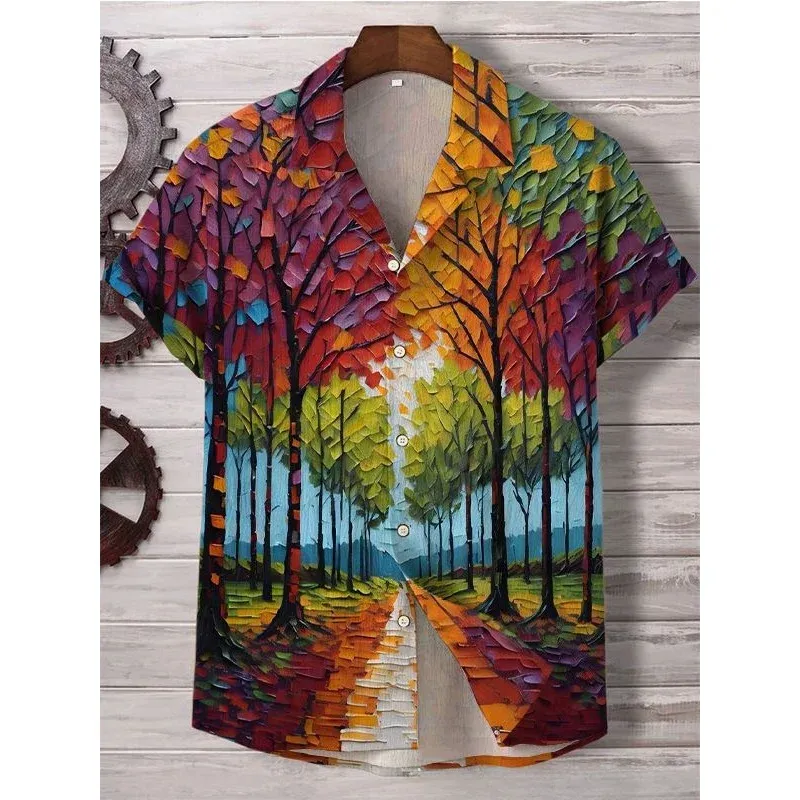 Men's Life Tree Art Print Casual Shirt Harajuku Hip Hop Streetwear Stunning Scenery Hipster Button Down Shirts Couple Clothing