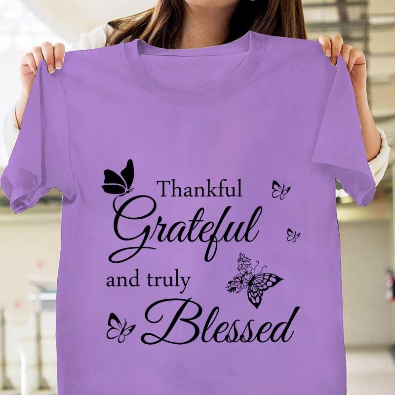 Agradecidas Y Verdaderamente Bendecidas Funny Letter Print T-shirt Women's Casual Comfortable Loose Short Sleeve T-shirt