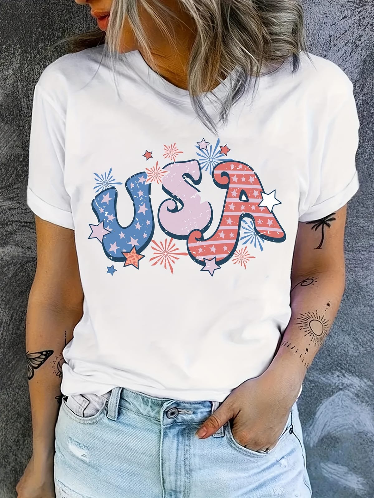 USA & Star Print T-Shirt, Casual Crew Neck Short Sleeve Top For Spring & Summer, Women's Clothing