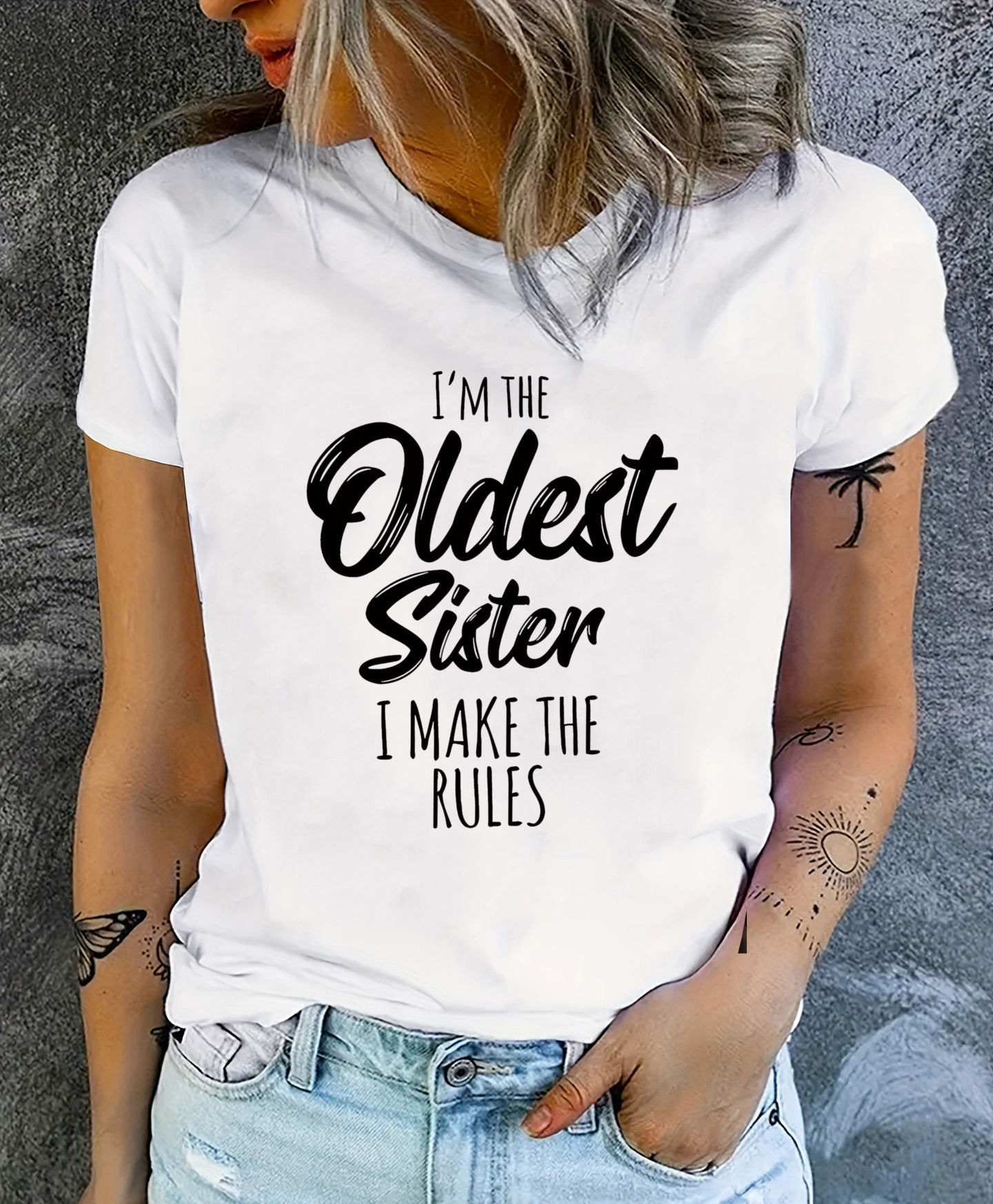New Women's I'M THE QLDEST SISTER... Funny Letter Printed T-shirt Fashion Women's Summer T-shirt Tops