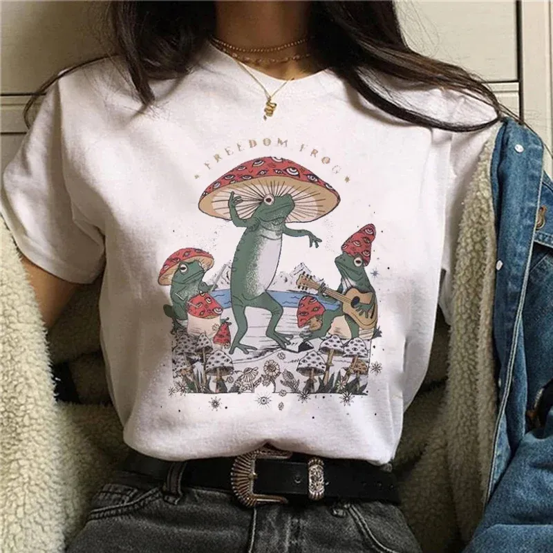 Trendy New 90s T-Shirt Clothing Women's Fashion Mushroom Frog Printed Pattern Fun Short Sleeve Printed O-Neck Basic T-Shirt.