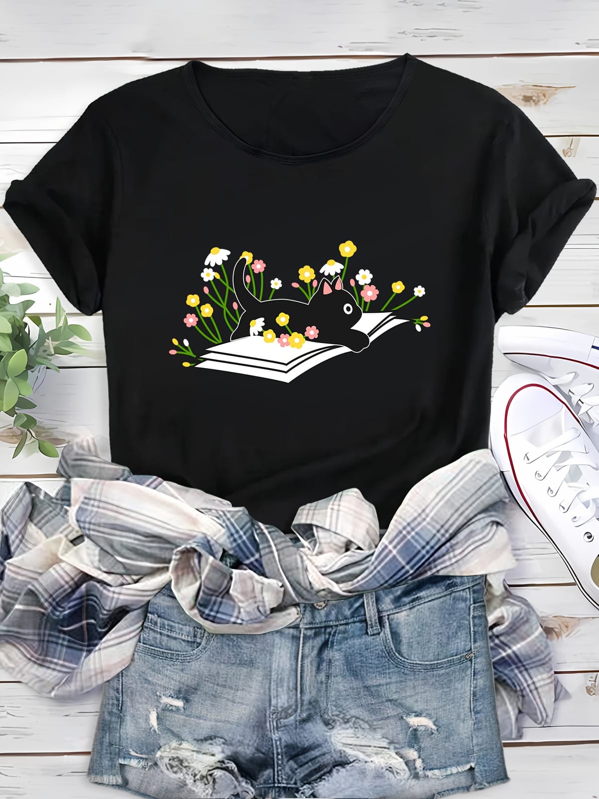 Cat & Flower Graphic Sports Tee, Round Neck Short Sleeves Running Casual T-shirt, Women's Activewear