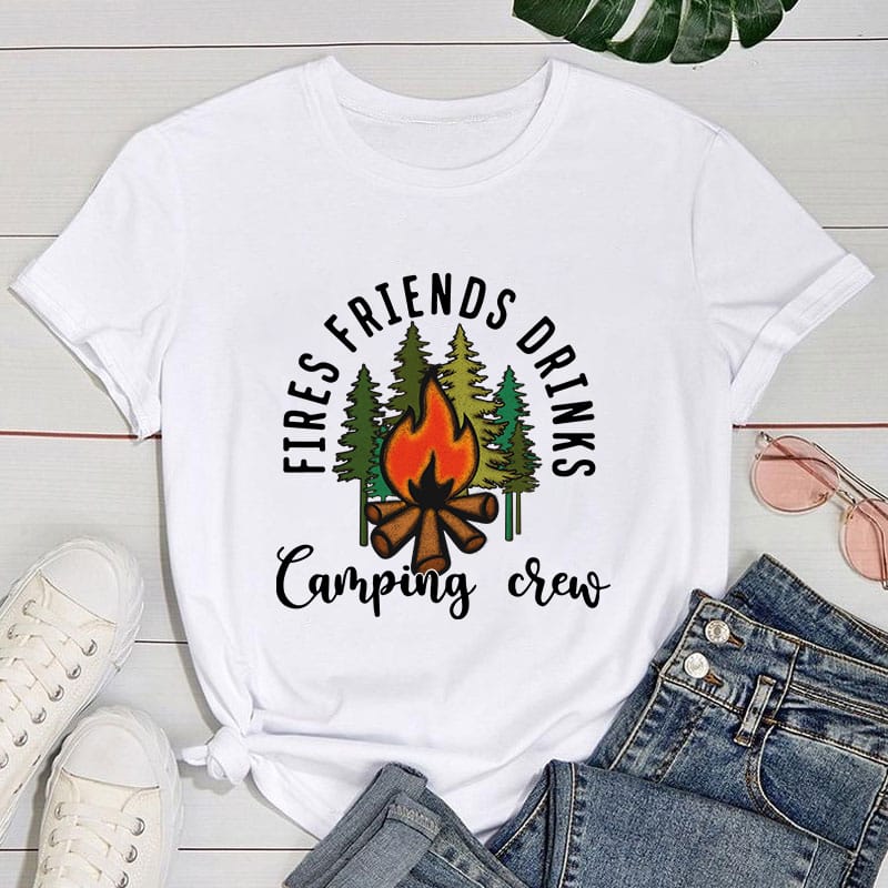 (Premium T-shirt)Women'S Fashion Printed Fires Friends Drinks Camping Crew Print T-Shirts Summer Casual Loose Round Neck