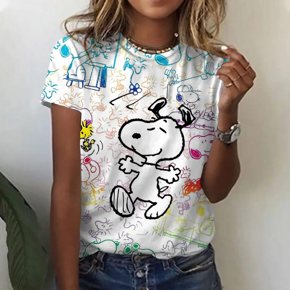 2024 Women's casual T-shirt top fashionable round neck loose 3D printing Snoopy T-shirt printed women's T-shirt