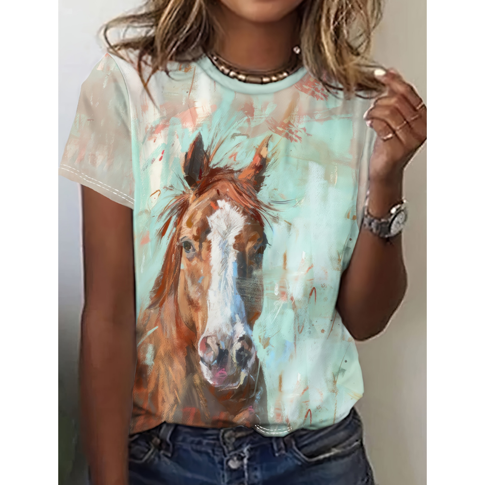 Women's T-Shirts Funny Horse Print T-Shirt Characters Cute Animal Harajuku Casual Short Sleeved Top Oversized Female Clothing
