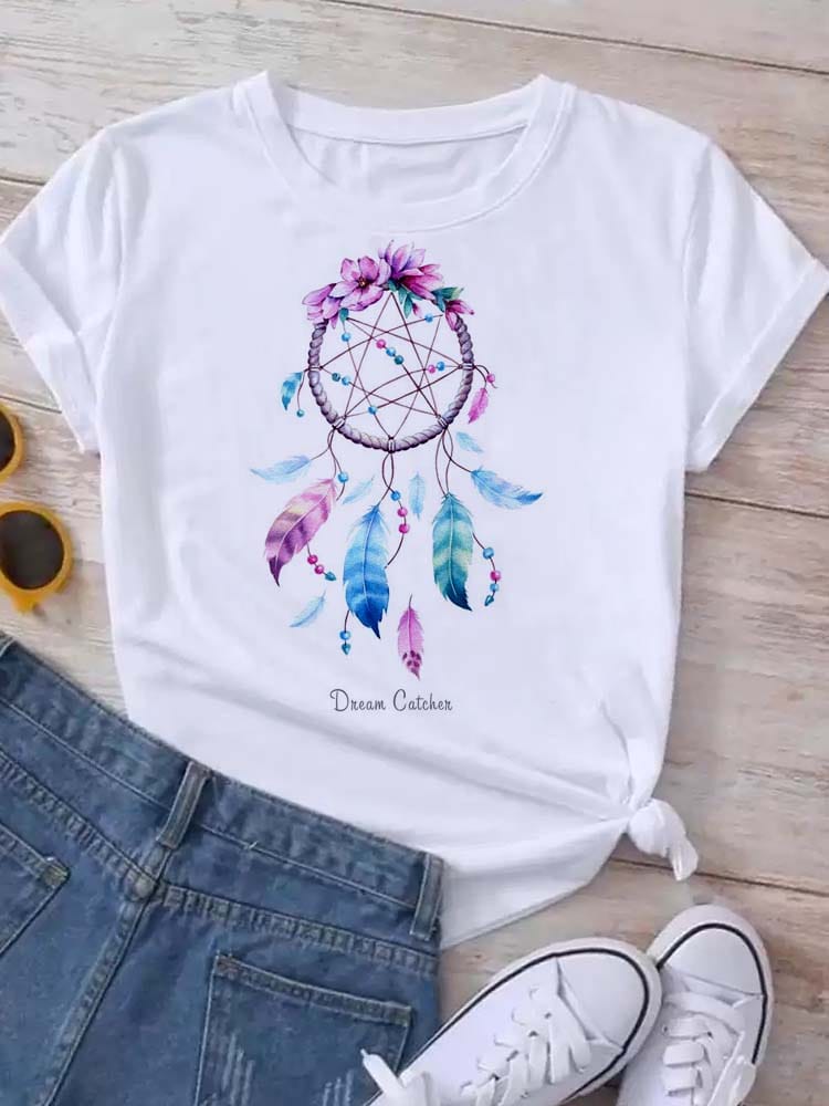 Women's Pattern Short Sleeve T-Shirt Women's Summer Clothing Feather 90S Fashion Women's University T-Shirt