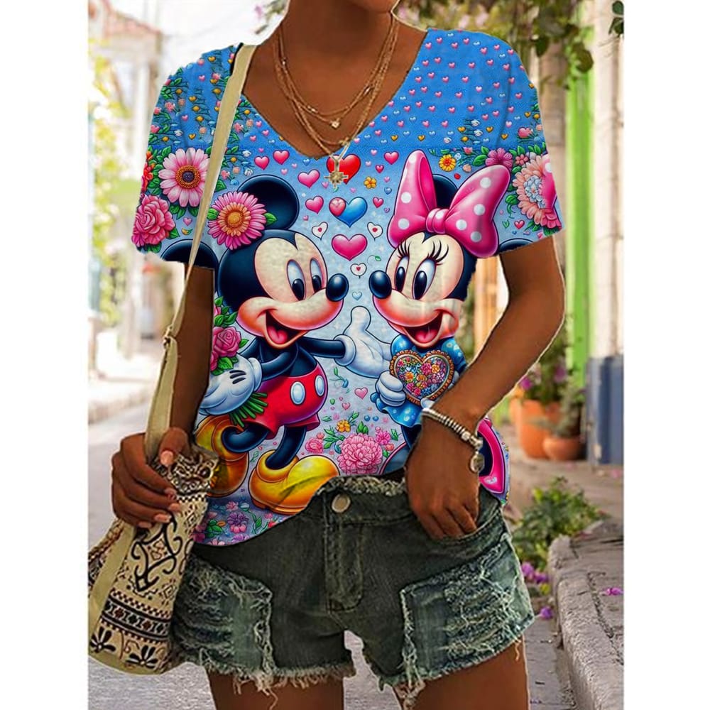 Women V-neck T-shirt Disney Minnie Mickey Mouse Print Fashion Y2k Streetwear Summer Short Sleeve Women's Oversized Tshirt Y2K
