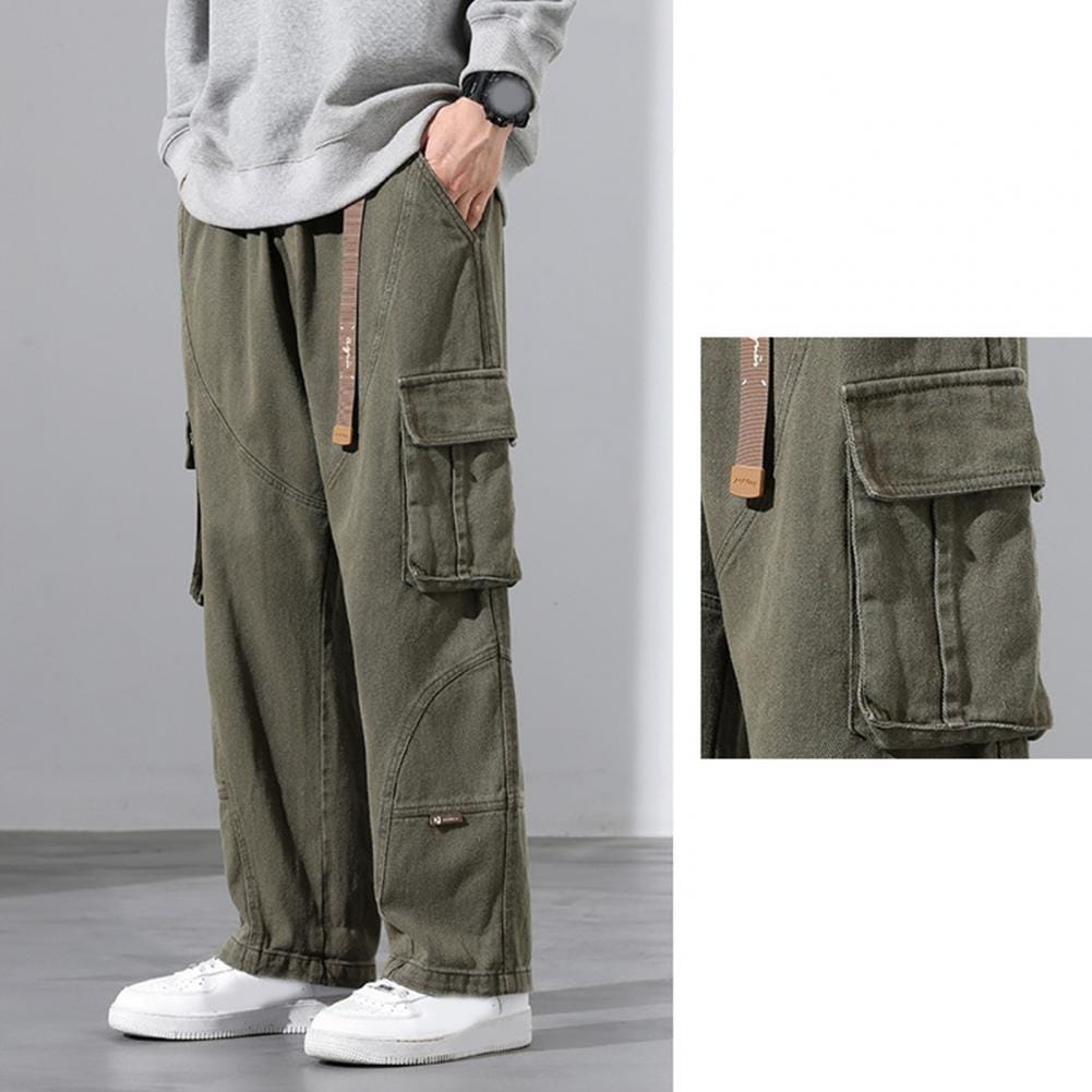 Drawstring Men Casual Pants Breathable Casual Trousers for Men Streetwear Men's Trousers Wide-leg Multi-pocketed for A